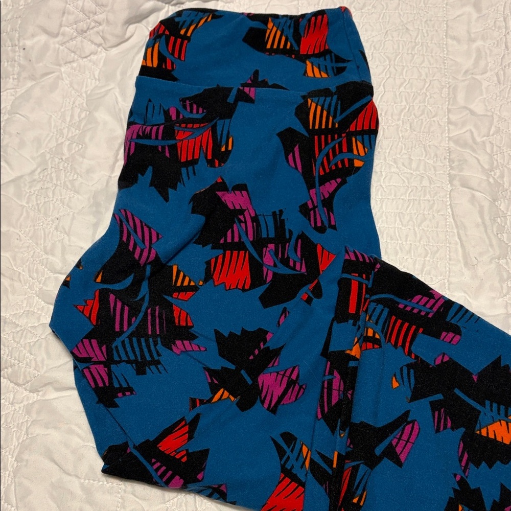 LuLaRoe women’s Leggings in Blue with Pink and Orange Pattern
